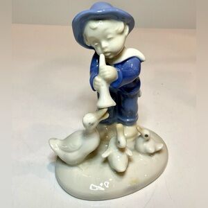 Adorable Frosig Denmark Boy w/Horn Geese Figurine Ceramic Goose #9447